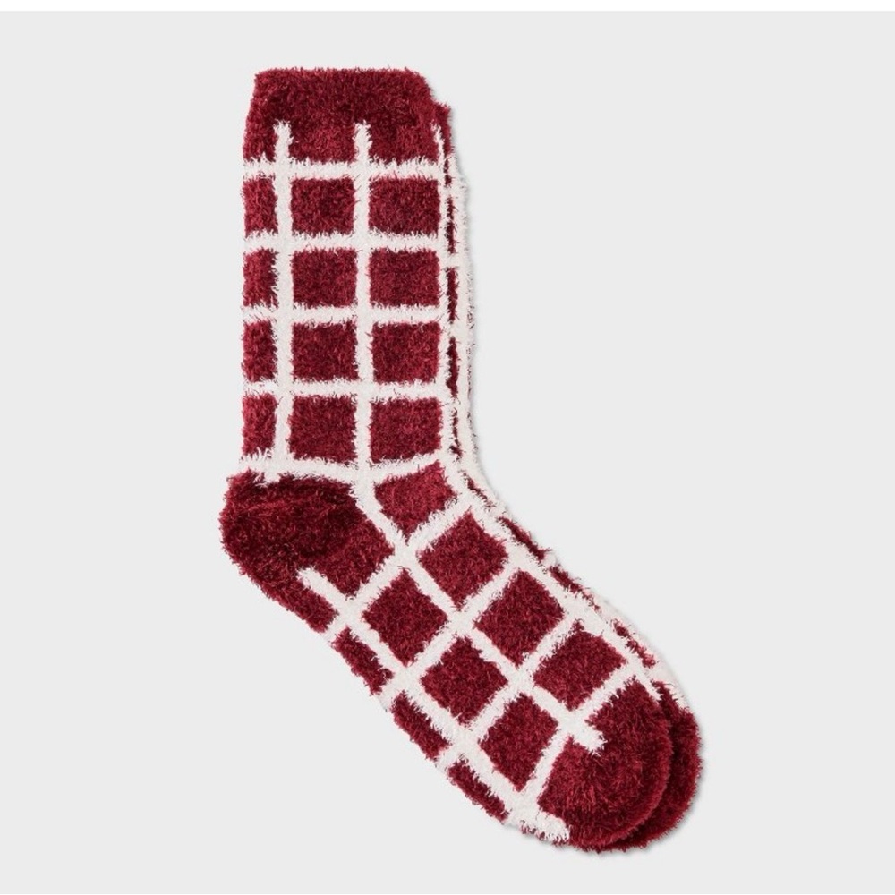 Auden Fuzzy Grid Pattern Socks - Burgundy and White